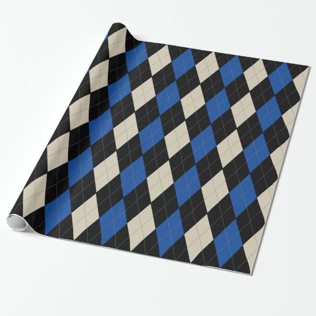 Black | Navy | Cream Argyle Pattern Wrapping Paper (Unrolled)