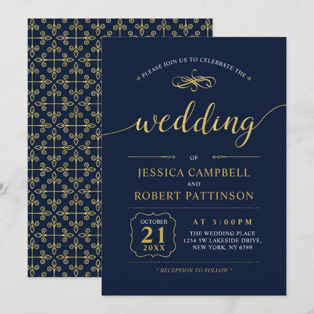 Black & Navy | Elegant Classic Wedding Ceremony Invitation (Front/Back)