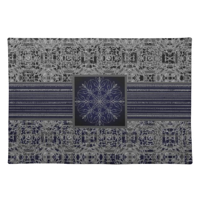 Black, Navy, & Grey X's and O's Pattern Monogram Cloth Placemat (Front)