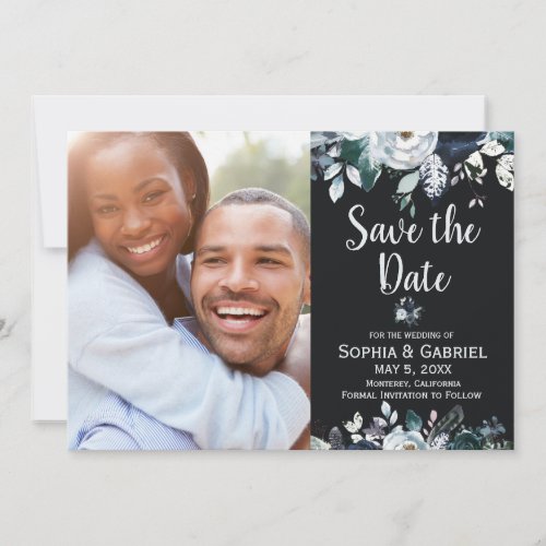 Black Navy White Floral Wedding Save the Date