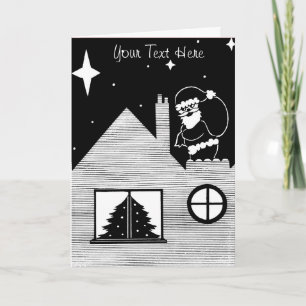 black nd white cute santa with sack on roof holiday card