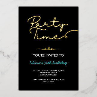 Black Neat Golden Script 50th Birthday Party Foil Invitation