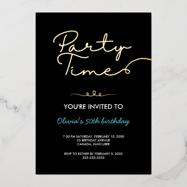 Black Neat Golden Script 50th Birthday Party Foil Invitation (Front)