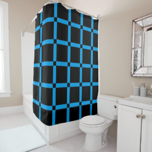 Black & Neon Blue Grid Pattern Shower Curtain