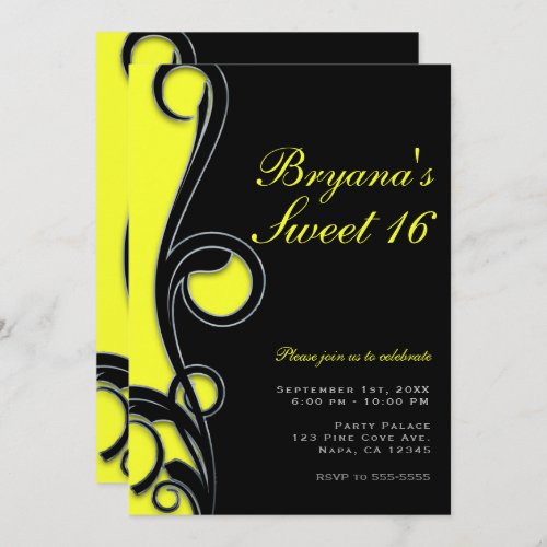 Black  Neon Bright Yellow Swirl Sweet 16 Party Invitation