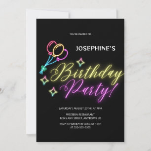 Black Neon Colorful Glow Balloon Birthday Invitation
