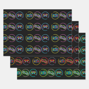 Black & Neon Gamer Collection Wrapping Paper Sheets