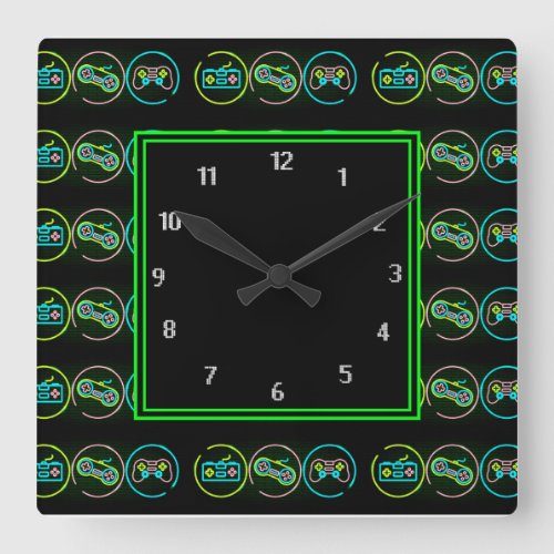 Black  Neon Gamer Square Wall Clock