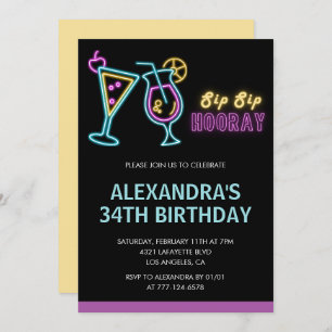 Black Neon Glow Cocktail Martini 34th birthday Invitation