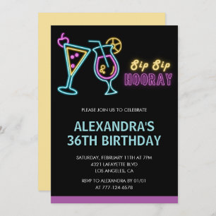 Black Neon Glow Cocktail Martini 36th birthday Invitation