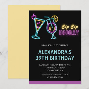 Black Neon Glow Cocktail Martini 39th birthday Invitation