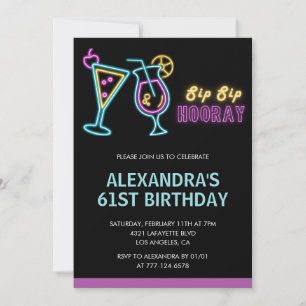 Black Neon Glow Cocktail Martini 61st birthday Inv Invitation