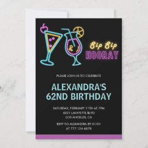 Black Neon Glow Cocktail Martini 62nd birthday Invitation