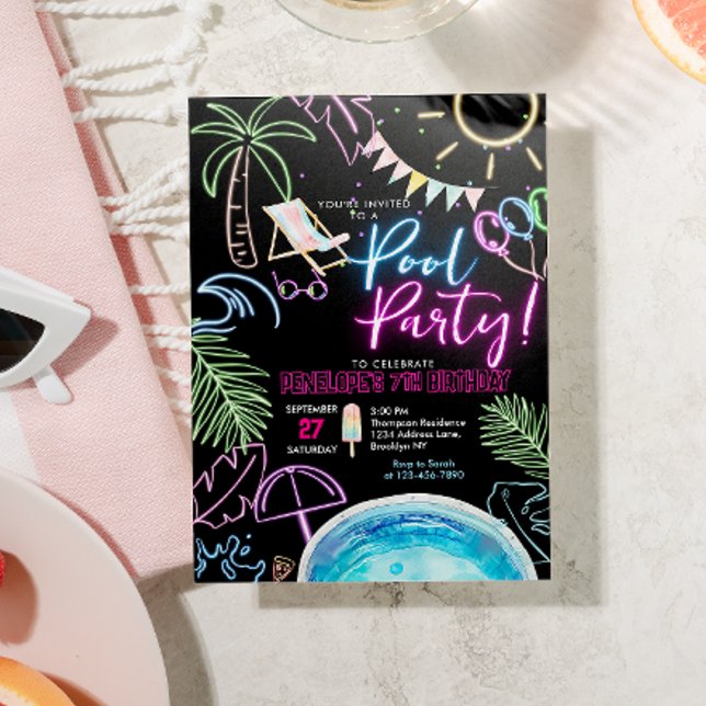 Black Neon Glow Watercolor Pool Party Birthday Invitation (Creator Uploaded)