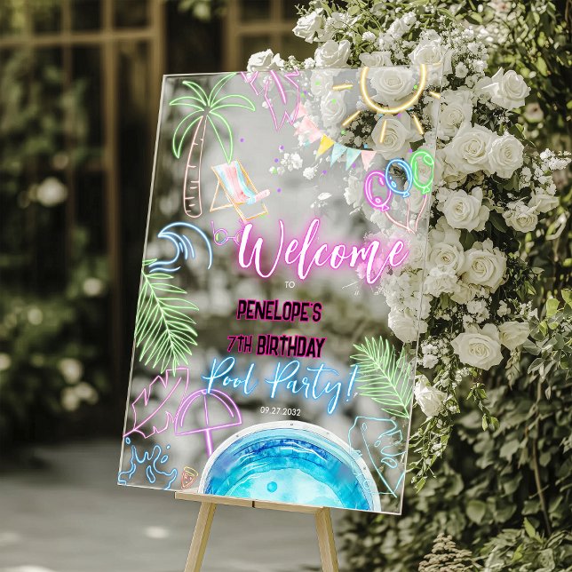 Black Neon Glow Watercolor Pool Party Welcome Acrylic Sign (Creator Uploaded)