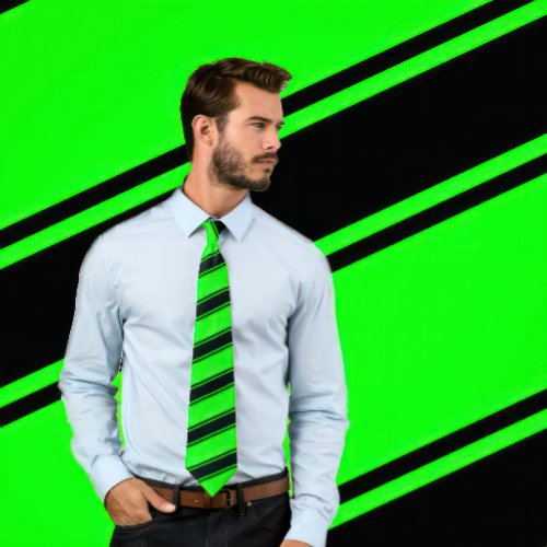 Black  Neon Green Diagonal Stripes Tie