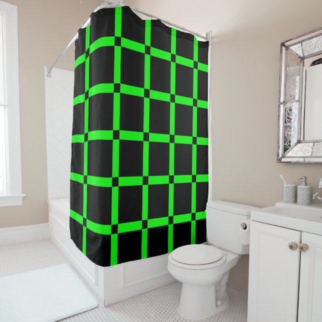 Black & Neon Green Grid Pattern Shower Curtain (In Situ)