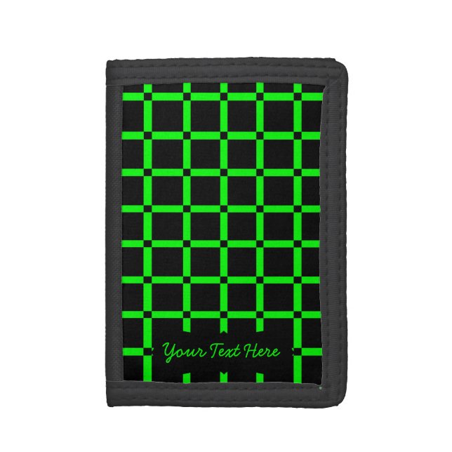 Black & Neon Green Grid Pattern Tri-fold Wallet (Front Vertical)