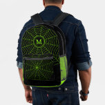 Black neon green spider web Halloween Monogram Printed Backpack