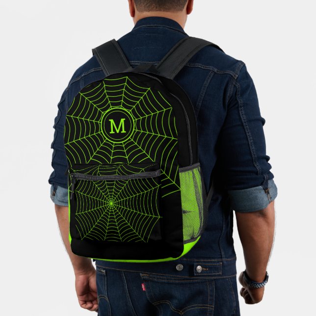 Black neon green spider web Halloween Monogram Printed Backpack (Insitu (Model))