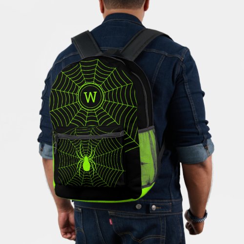 Black neon green spider web Halloween Monogram Printed Backpack