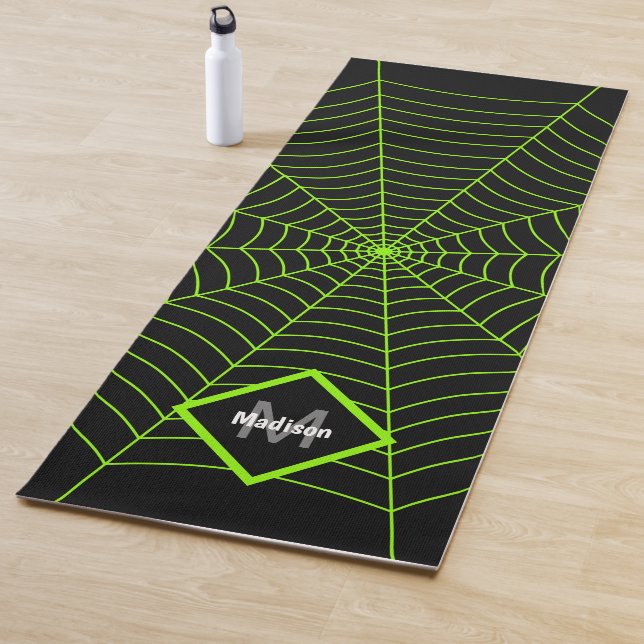 Black neon green spider web Halloween Monogram Yoga Mat (In Situ)