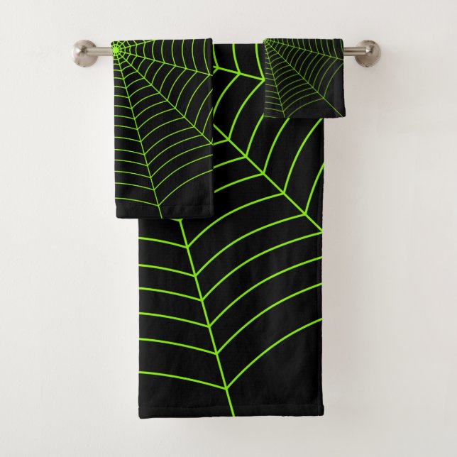 Black neon green spider web Halloween pattern Bath Towel Set (Insitu)