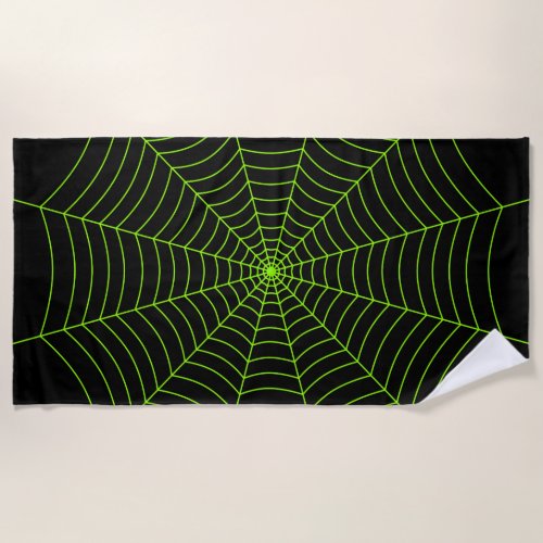 Black neon green spider web Halloween pattern Beach Towel