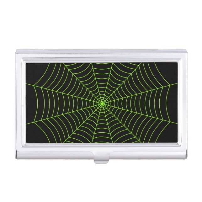 Black neon green spider web Halloween pattern Business Card Case (Front)