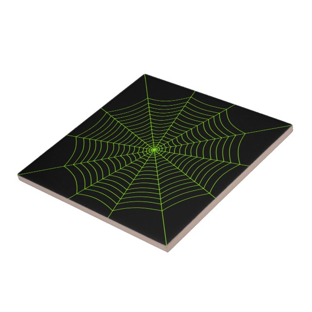 Black neon green spider web Halloween pattern Ceramic Tile (Side)
