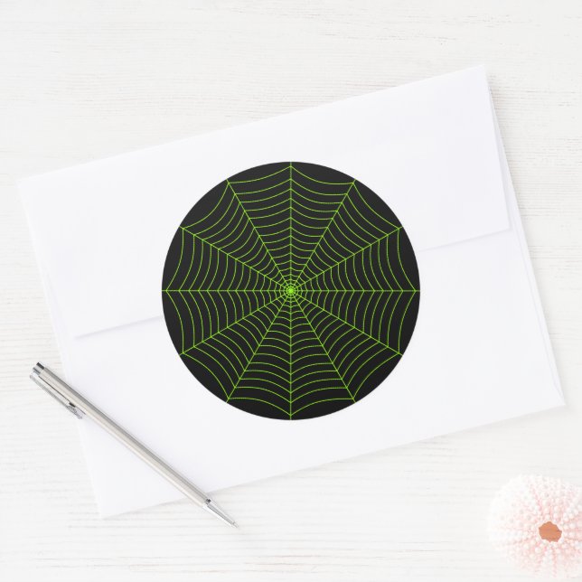 Black neon green spider web Halloween pattern Classic Round Sticker (Envelope)