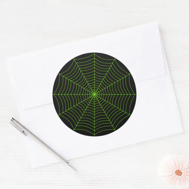 Black neon green spider web Halloween pattern Classic Round Sticker ...