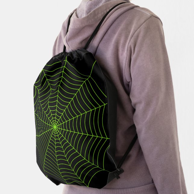 Black neon green spider web Halloween pattern Drawstring Bag (Insitu)