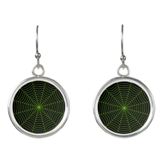 Black neon green spider web Halloween pattern Earrings (Front)