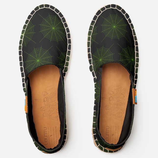Black neon green spider web Halloween pattern Espadrilles (Front)