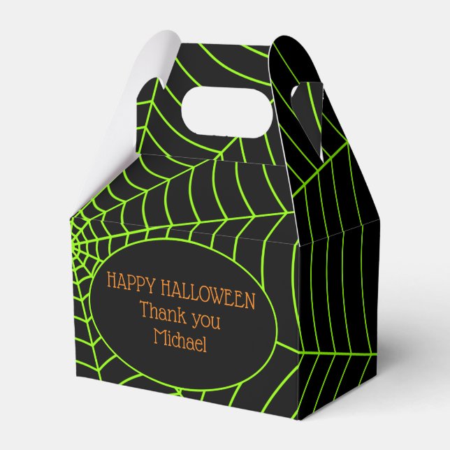 Black neon green spider web Halloween pattern Favor Boxes (Front Side)