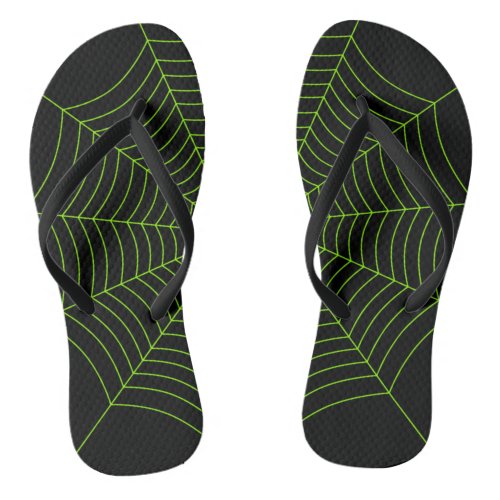 Black neon green spider web Halloween pattern Flip Flops