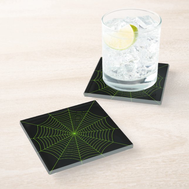 Black neon green spider web Halloween pattern Glass Coaster (Angled)