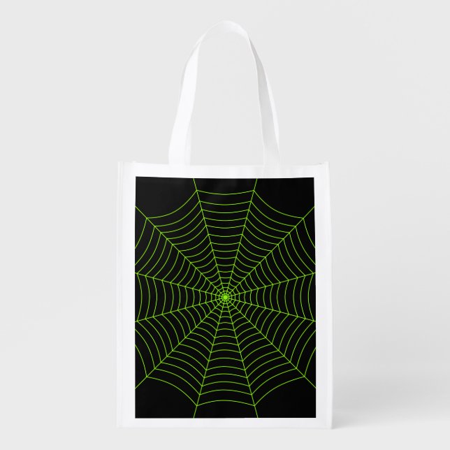 Black neon green spider web Halloween pattern Grocery Bag (Front)