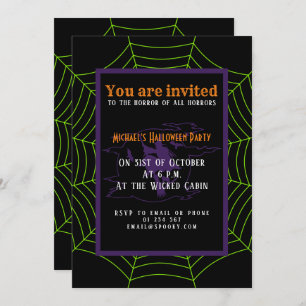 Black neon green spider web Halloween pattern Invitation