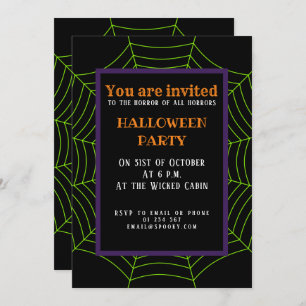 Black neon green spider web Halloween pattern Invitation