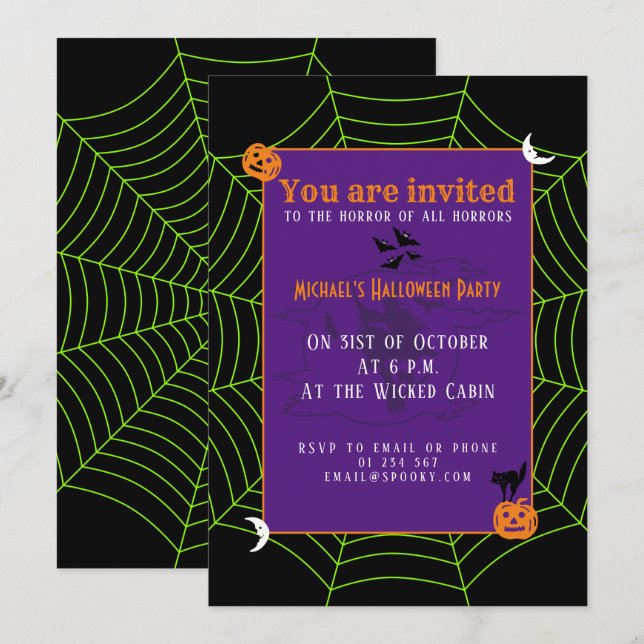 Black neon green spider web Halloween pattern Invitation (Front/Back)