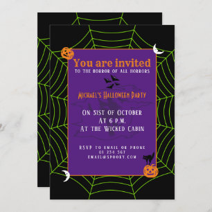 Black neon green spider web Halloween pattern Invitation