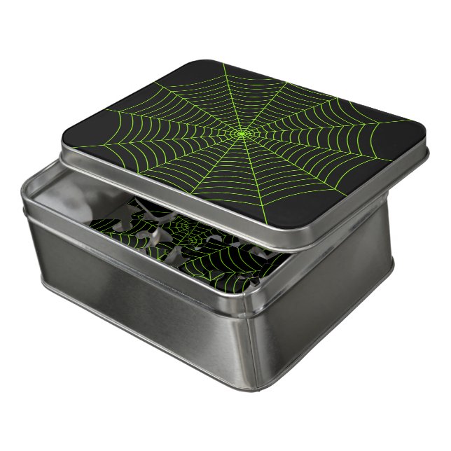 Black neon green spider web Halloween pattern Jigsaw Puzzle (Lid Open)