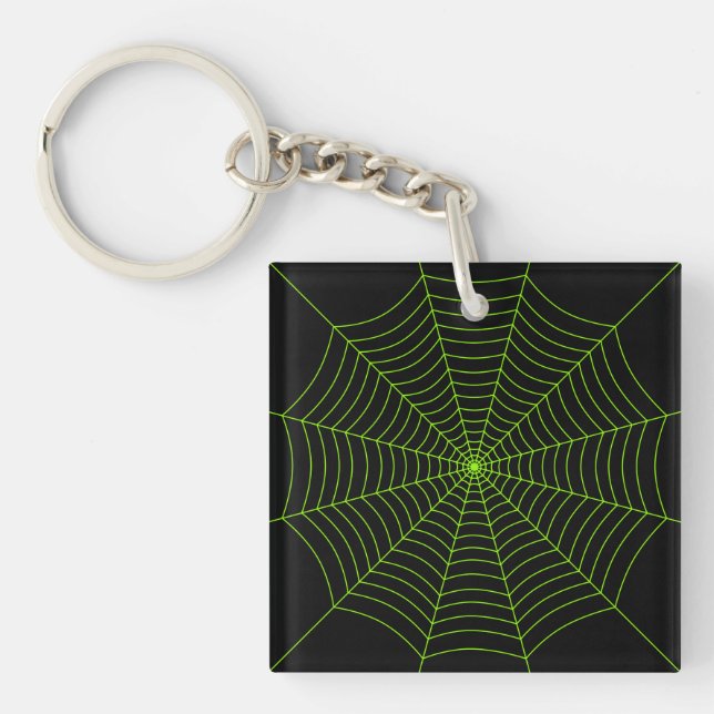 Black neon green spider web Halloween pattern Keychain (Front)