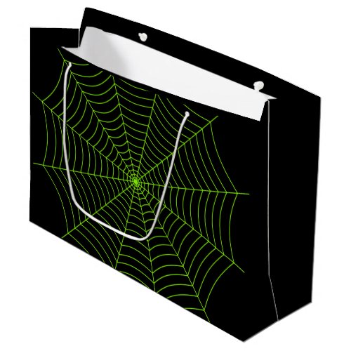 Black neon green spider web Halloween pattern Large Gift Bag