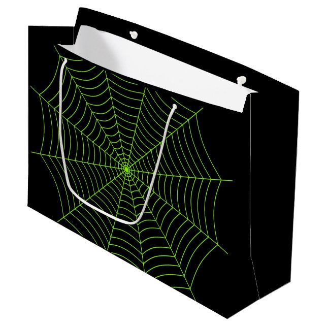 Black neon green spider web Halloween pattern Large Gift Bag (Front Angled)