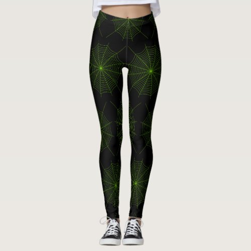 Black neon green spider web Halloween pattern Leggings