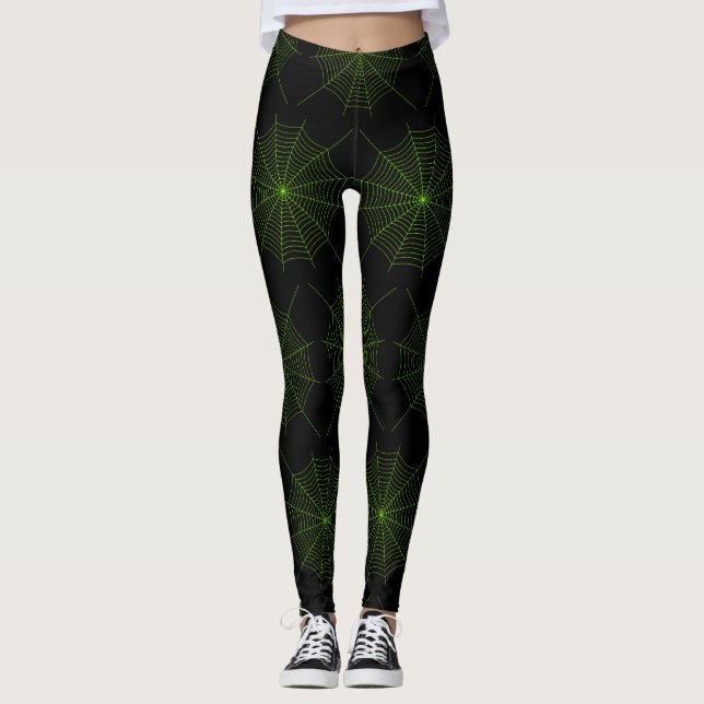 Black neon green spider web Halloween pattern Leggings (Front)