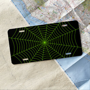 Black neon green spider web Halloween pattern License Plate
